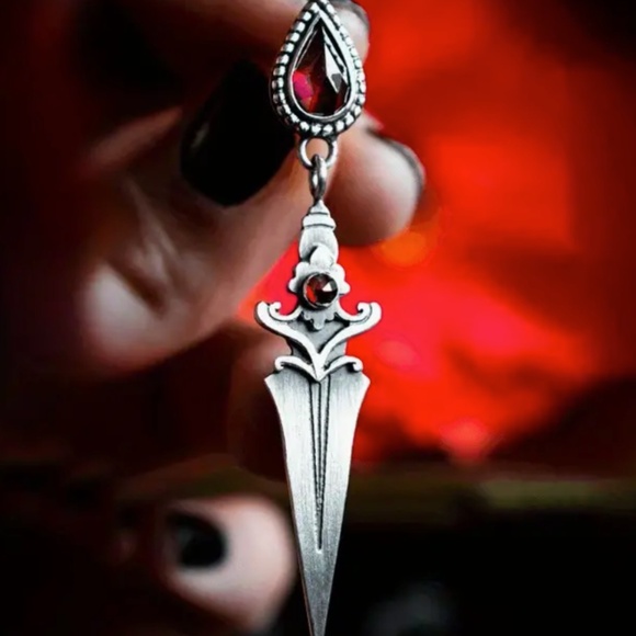 Gothic Punk Vintage Earrings, Dagger Tassel  W/ Red zirconia, Retro Style - Picture 2 of 8